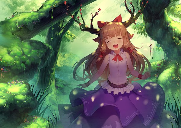 Anime picture 848x600 with touhou ibuki suika zimajiang single long hair blush open mouth brown hair bare shoulders blunt bangs eyes closed :d horn (horns) happy ^ ^ girl skirt hair ornament bow plant (plants)
