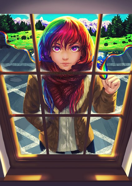 Anime picture 800x1131 with original yuuza single long hair tall image looking at viewer fringe blonde hair brown hair standing blue hair pink hair purple hair red hair pink eyes multicolored hair green hair from above open clothes open jacket