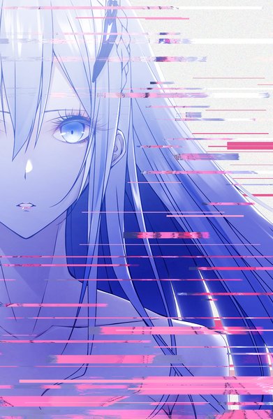 Anime picture 978x1500 with code:qualia lucia (code:qualia) yoaferia single long hair tall image looking at viewer fringe blue eyes simple background hair between eyes blue hair upper body braid (braids) parted lips head out of frame girl hair ornament android