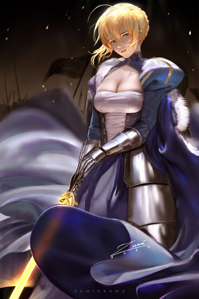 Anime picture 2339x3508 with fate (series) fate/stay night artoria pendragon (all) saber zumi (zumidraws) single tall image looking at viewer fringe highres short hair breasts light erotic blonde hair hair between eyes standing holding green eyes signed payot