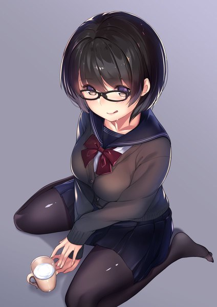 Anime picture 848x1200 with original kagematsuri single tall image looking at viewer blush short hair black hair brown eyes girl skirt uniform miniskirt pantyhose glasses serafuku black pantyhose cup