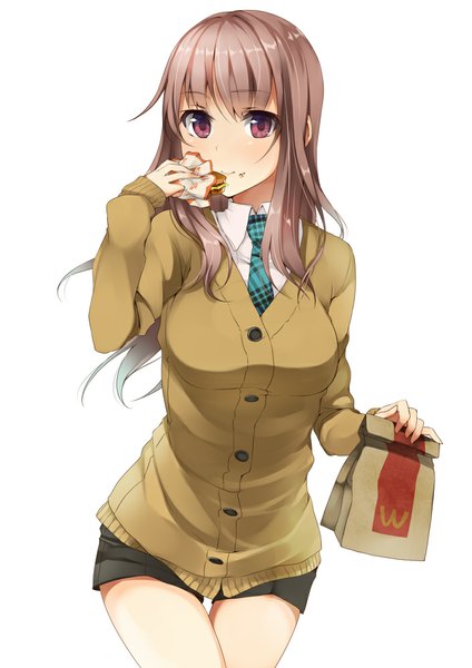 Anime picture 706x1000 with original mcdonald's unasaka ryou single long hair tall image looking at viewer blush simple background brown hair white background purple eyes eating girl sweater hamburger
