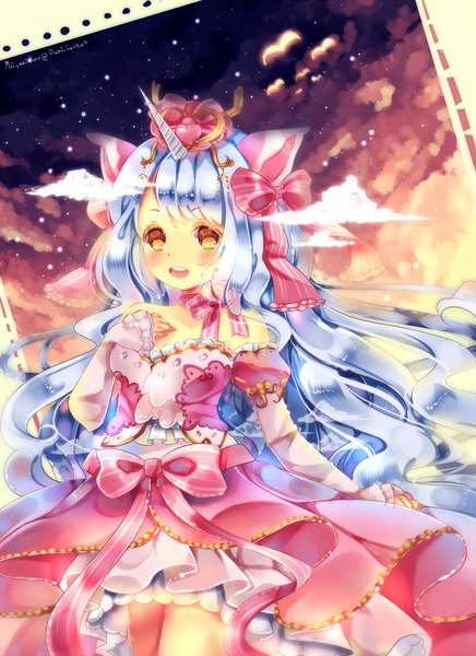 Anime picture 872x1200 with original maruuki single long hair tall image blush open mouth smile animal ears yellow eyes blue hair cloud (clouds) horn (horns) night night sky girl dress bow hair bow detached sleeves