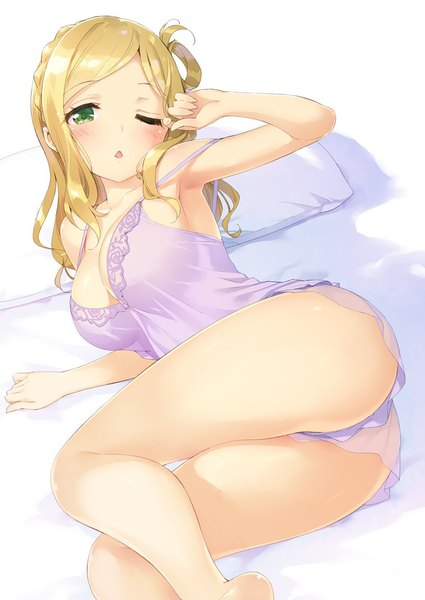 Anime picture 765x1080 with love live! sunshine!! sunrise (studio) love live! ohara mari peko single long hair tall image looking at viewer blush breasts light erotic blonde hair large breasts green eyes bent knee (knees) ass lying parted lips one eye closed
