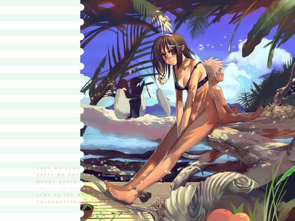 Anime picture 2000x1500 with morii shizuki looking at viewer highres short hair light erotic brown hair sitting purple eyes bare shoulders cloud (clouds) eyes closed barefoot sunlight bare legs bare belly no panties back to back fishing girl hair ornament