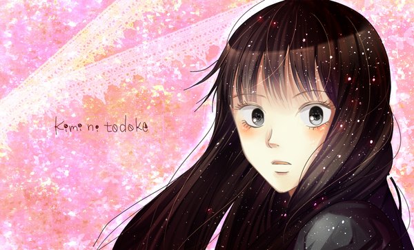 Anime picture 1175x711 with kimi ni todoke production i.g kuronuma sawako dango (artist) single long hair blush fringe simple background brown hair wide image black eyes girl