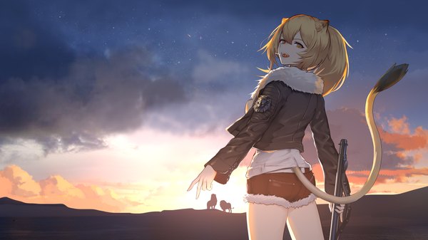 Anime picture 1920x1080 with arknights siege (arknights) liu lan single long hair looking at viewer fringe highres open mouth blonde hair hair between eyes wide image standing holding animal ears payot sky cloud (clouds) outdoors ponytail