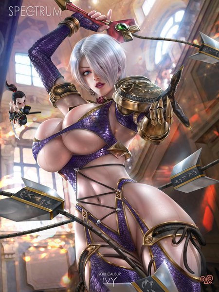 Anime picture 3000x4000 with soulcalibur isabella valentine heishiro mitsurugi yam spectrum tall image looking at viewer fringe highres short hair breasts blue eyes light erotic black hair standing signed silver hair indoors lips hair over one eye realistic