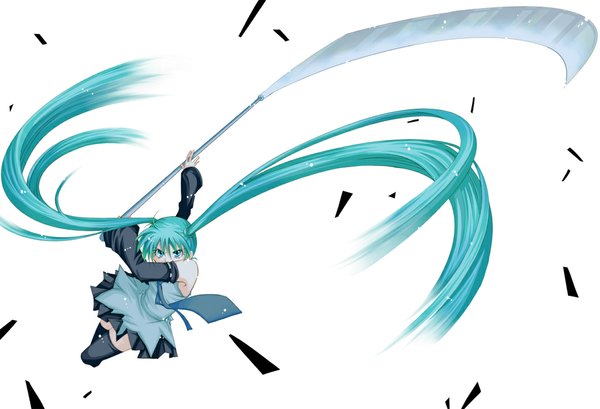 Anime picture 1182x806 with vocaloid hatsune miku single long hair simple background white background twintails aqua eyes aqua hair girl thighhighs black thighhighs detached sleeves scythe