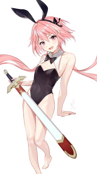 Anime picture 1800x3200 with fate (series) fate/grand order fate/apocrypha astolfo (fate) astolfo (saber) (fate) almic single long hair tall image looking at viewer blush fringe highres open mouth light erotic simple background smile hair between eyes white background bare shoulders