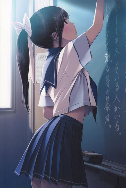 Anime picture 1600x2369 with love plus takane manaka mino tarou single long hair tall image fringe black hair standing ponytail indoors profile pleated skirt arm up official art short sleeves midriff outstretched arm looking up classroom