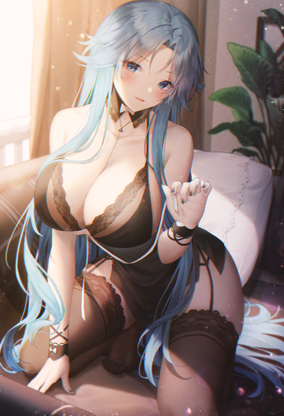 Anime picture 3000x4391 with azur lane sovetskaya belorussiya (azur lane) sovetskaya belorussiya (relaxation stratagem) (azur lane) meoyo single long hair tall image looking at viewer blush fringe highres breasts open mouth blue eyes light erotic smile bare shoulders blue hair cleavage full body