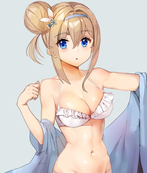 Anime picture 800x936 with girls frontline suomi kp31 (girls frontline) shovelwell single long hair tall image fringe breasts blue eyes light erotic simple background blonde hair hair between eyes payot :o hair bun (hair buns) groin girl navel swimsuit