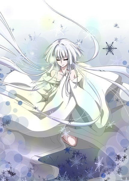 Anime picture 851x1191 with card captor sakura clamp snow (clow card) kaji ichi hana baconlost single tall image fringe bare shoulders silver hair bent knee (knees) eyes closed very long hair wind weightlessness girl snowflake (snowflakes) clothes