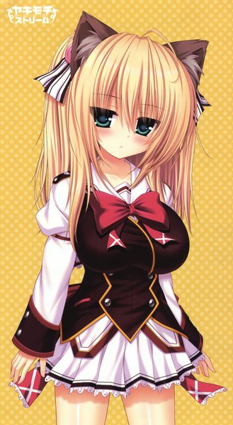 Anime picture 1529x2782 with yakimochi stream tania helvellyn syroh single long hair tall image blush breasts blue eyes blonde hair large breasts animal ears cat ears scan cat girl girl uniform school uniform
