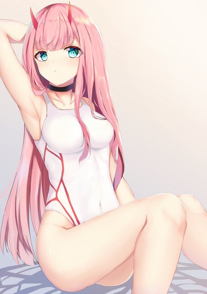 Anime picture 1240x1753 with darling in the franxx studio trigger zero two (darling in the franxx) airool single long hair tall image looking at viewer blush fringe breasts light erotic simple background hair between eyes sitting pink hair horn (horns) aqua eyes shadow armpit (armpits)