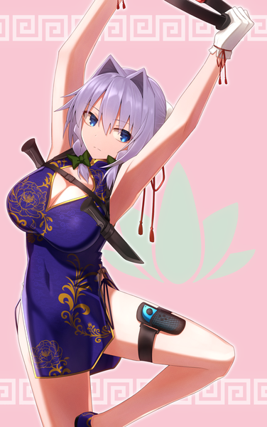 Anime picture 1300x2072 with touhou ring fit adventure izayoi sakuya greenkohgen single tall image fringe short hair blue eyes light erotic hair between eyes standing silver hair traditional clothes arms up hair bun (hair buns) alternate costume covered navel standing on one leg chinese clothes