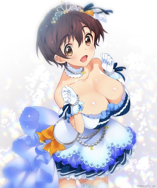 Anime picture 880x1050 with idolmaster idolmaster cinderella girls idolmaster cinderella girls starlight stage oikawa shizuku mizuki makoto single tall image looking at viewer blush short hair breasts open mouth light erotic black hair large breasts brown eyes cleavage starry sky bright girl dress