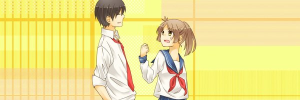 Anime picture 1914x637 with akkun to kanojo kagari chiho matsuo masago laika (pixiv6702039) fringe short hair open mouth black hair simple background smile brown hair wide image yellow eyes payot looking away upper body ahoge ponytail eyes closed long sleeves