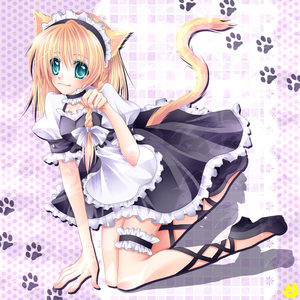 Anime picture 1400x1400 with original midzuki single long hair looking at viewer blush blue eyes blonde hair animal ears braid (braids) cat ears maid cat girl cat tail girl shoes headdress maid headdress