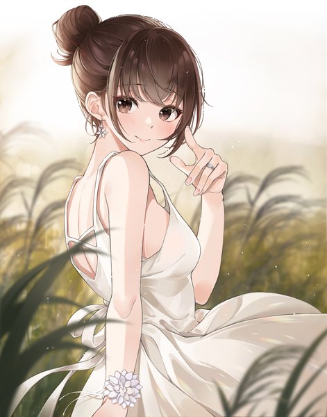 Anime picture 2401x3061 with original lebring single tall image looking at viewer blush fringe highres short hair breasts smile brown hair standing brown eyes payot outdoors blunt bangs arm up fingernails hair bun (hair buns)