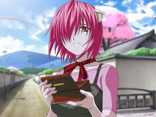 Anime picture 1600x1200 with elfen lied arms corporation lucy lynn okamoto (artist) single looking at viewer fringe short hair red eyes holding pink hair sky cloud (clouds) horn (horns) hair over one eye tears cherry blossoms mountain pale skin crying