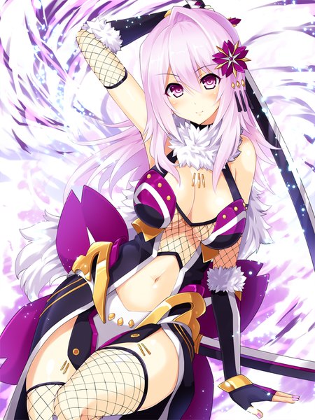 Anime picture 750x1000 with cu-no yayoi sakura hisenkaede single long hair tall image looking at viewer blush fringe breasts light erotic hair between eyes large breasts white background sitting purple eyes bare shoulders pink hair cleavage bent knee (knees)
