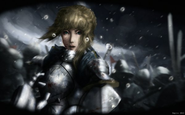 Anime picture 2852x1774 with fate (series) fate/stay night studio deen type-moon artoria pendragon (all) saber xv008007 single fringe highres open mouth blue eyes blonde hair wide image realistic snowing winter snow 2012 girl