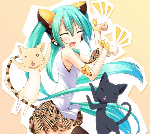 Anime picture 1500x1342 with vocaloid hatsune miku ayatudura single long hair blush open mouth smile standing twintails bare shoulders animal ears tail eyes closed pleated skirt multicolored hair cat ears aqua hair cat tail plaid skirt