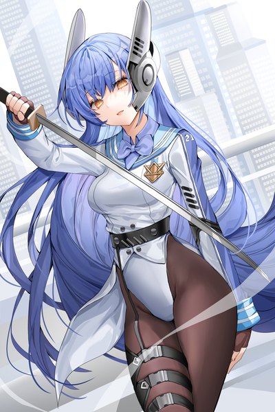 Anime picture 1240x1862 with girls frontline tar-21 (girls' frontline) lloule single tall image looking at viewer fringe open mouth light erotic standing holding blue hair long sleeves very long hair arm up orange eyes dutch angle floating hair girl gloves