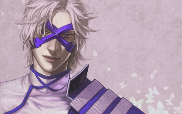 Anime picture 1280x800 with sengoku basara production i.g takenaka hanbei single short hair simple background wide image lips grey hair pink background face boy armor insect butterfly mask