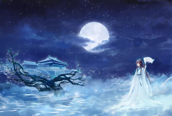 Anime picture 2055x1388 with original wallace (artist) single long hair looking at viewer fringe highres blue eyes brown hair standing cloud (clouds) ponytail long sleeves traditional clothes japanese clothes arm up night wide sleeves night sky reflection