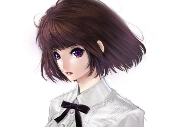 Anime picture 1280x910 with original kunishige keiichi single short hair simple background brown hair white background purple eyes portrait girl
