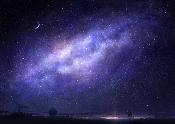 イラスト 2828x2000 と オリジナル arsh ソロ highres 立つ 空 night night sky horizon landscape shooting star milky way 植物 月 星 地上車 自転車