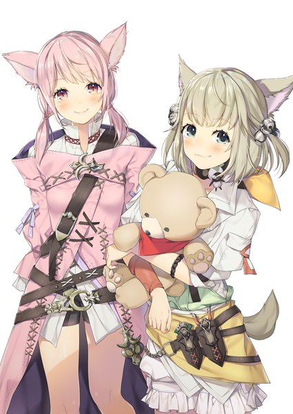Anime picture 1253x1770 with final fantasy final fantasy xiv square enix miqo'te khloe aliapoh t'kebbe yana mori tall image looking at viewer blush short hair blue eyes simple background blonde hair smile white background twintails multiple girls animal ears pink hair