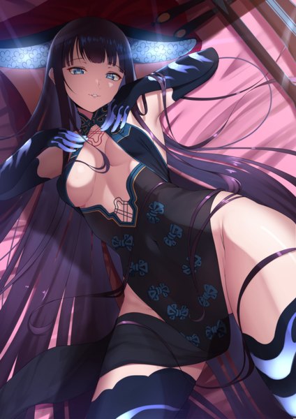 Anime picture 4134x5846 with fate (series) fate/grand order yang guifei (fate) dearonnus single tall image looking at viewer fringe highres breasts blue eyes light erotic black hair smile large breasts absurdres indoors lying blunt bangs very long hair