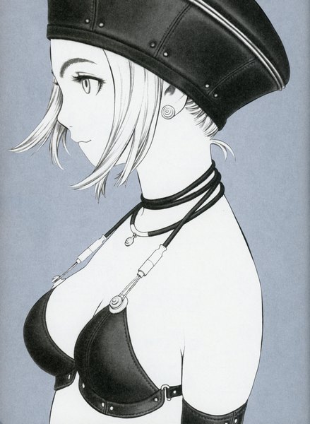 Anime picture 5092x6966 with futurelog (artbook) range murata single tall image highres short hair breasts light erotic simple background bare shoulders payot absurdres profile light smile scan monochrome leather girl hat earrings