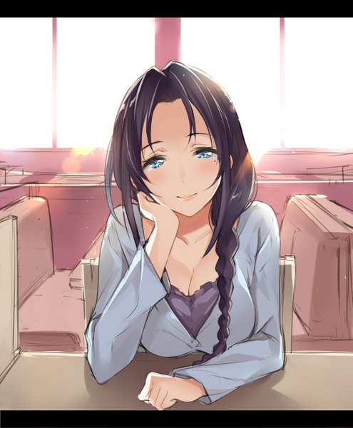 Anime picture 1157x1402 with original senri gan single long hair tall image blush fringe breasts blue eyes smile large breasts sitting cleavage purple hair indoors braid (braids) mole mole under eye single braid head rest