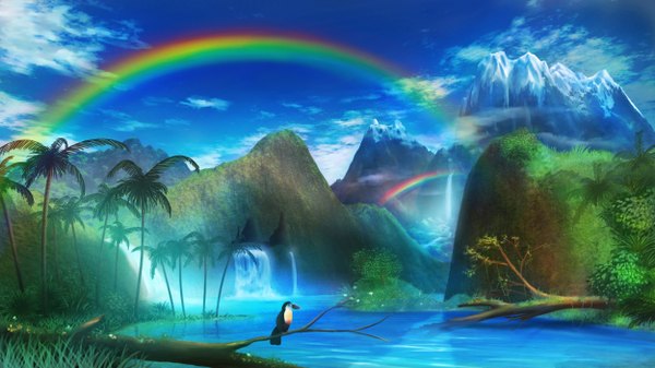 Anime picture 2500x1408 with original monorisu highres wide image sky cloud (clouds) mountain no people landscape river nature waterfall animal water bird (birds) rainbow toucan