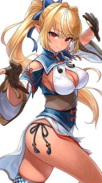 Anime-Bild 810x1440 mit virtual youtuber hololive shiranui flare shiranui flare (old design) deca purio single long hair tall image looking at viewer light erotic simple background blonde hair red eyes white background payot traditional clothes pointy ears dark skin chinese clothes cleavage cutout