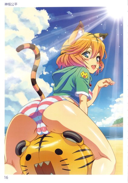 Anime picture 2098x3000 with original kamisaka kouhei (artist) single tall image looking at viewer blush highres short hair open mouth light erotic sitting animal ears sky cloud (clouds) ass animal tail looking back orange hair bare legs erect nipples