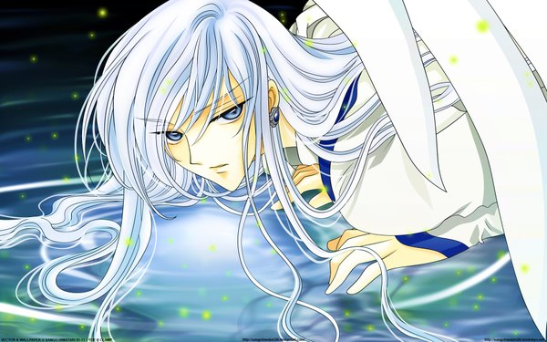 Anime picture 1920x1200 with card captor sakura clamp yue (cardcaptor sakura) tagme (artist) single long hair looking at viewer fringe highres blue eyes wide image looking away silver hair lying lips inscription glowing reflection boy uniform