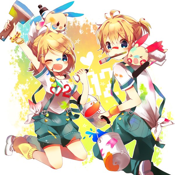 Anime picture 1200x1200 with pokemon vocaloid nintendo kagamine rin kagamine len minun plusle niwa (ejizon) blush fringe short hair open mouth blue eyes blonde hair hair between eyes ponytail one eye closed looking back arm up wink