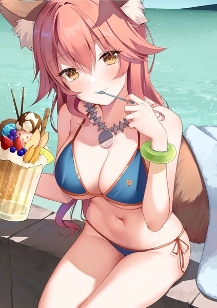 Anime picture 993x1407 with fate (series) fate/grand order tamamo (fate) (all) tamamo no mae (swimsuit lancer) (fate) yukiyama momo single long hair tall image looking at viewer blush fringe breasts light erotic hair between eyes large breasts sitting bare shoulders holding animal ears yellow eyes