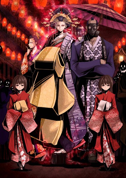 Anime picture 1000x1414 with original a-typecorp long hair tall image looking at viewer fringe short hair black hair brown hair multiple girls traditional clothes japanese clothes multiple boys girl boy kimono umbrella 2 boys jewelry 4 girls