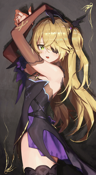 Anime picture 1507x2729 with genshin impact fischl (genshin impact) pellas (panix2383) single long hair tall image looking at viewer fringe open mouth simple background blonde hair hair between eyes standing bare shoulders green eyes arms up armpit (armpits) two side up zettai ryouiki thighs
