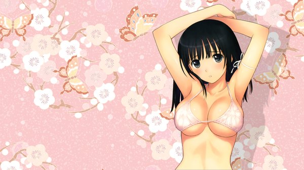 Anime picture 1920x1080 with tony taka long hair blush highres breasts light erotic black hair wide image large breasts black eyes wallpaper girl swimsuit insect butterfly