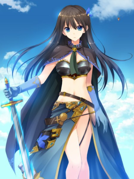 Anime picture 700x933 with idolmaster idolmaster cinderella girls granblue fantasy shibuya rin takepon (artist) single long hair tall image looking at viewer blue eyes black hair holding sky cloud (clouds) midriff girl skirt gloves weapon sword