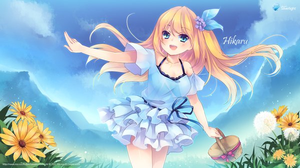 Anime picture 1920x1080 with microsoft aizawa hikaru single long hair highres open mouth blue eyes blonde hair wide image sky cloud (clouds) girl flower (flowers) sundress sunflower