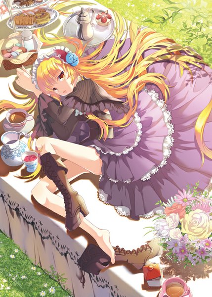 Anime picture 572x800 with original mintchoco (orange shabette) single tall image looking at viewer fringe yellow eyes outdoors lying hair flower from above legs looking up single shoe girl dress hair ornament flower (flowers) plant (plants) food